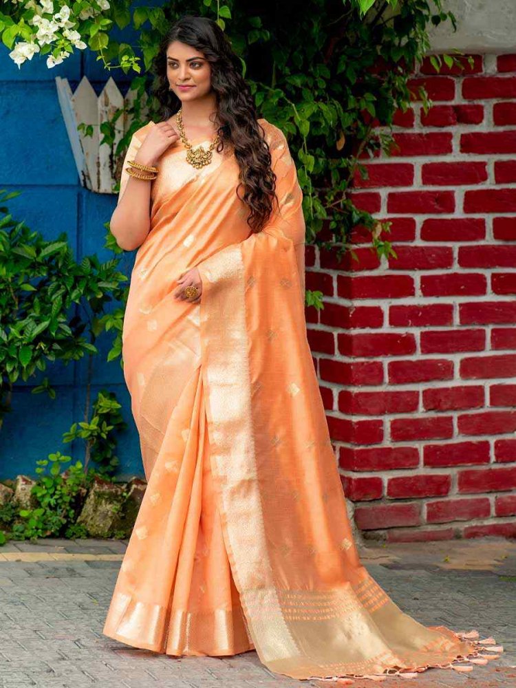 Orange Assam Silk Handwoven Wedding Festival Heavy Border Saree