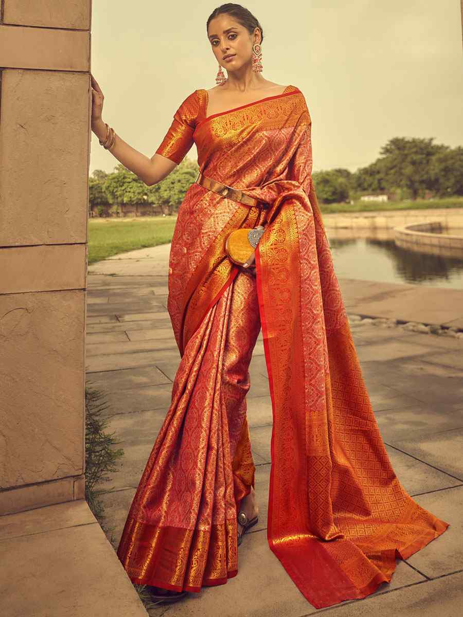 Orange Banarasi Handloom Weaving Silk Handwoven Wedding Festival Heavy Border Saree