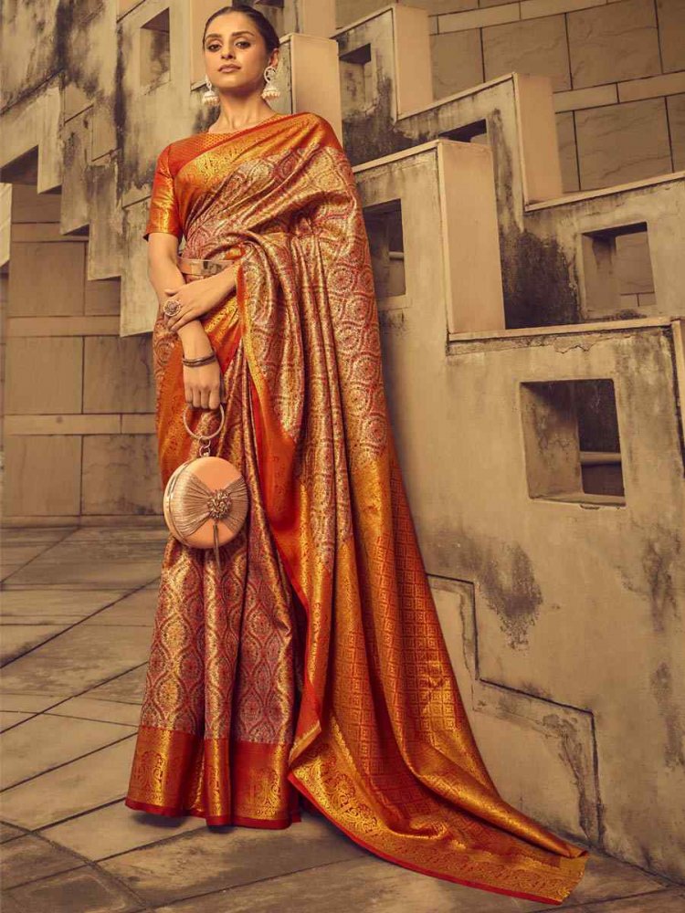 Orange Banarasi Handloom Weaving Silk Handwoven Wedding Festival Heavy Border Saree