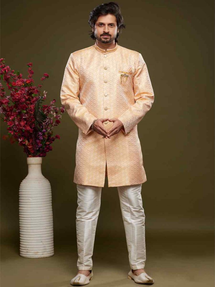 Orange Banarasi Jacquard Woven Wedding Party Sherwani