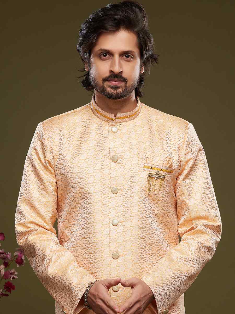 Orange Banarasi Jacquard Woven Wedding Party Sherwani