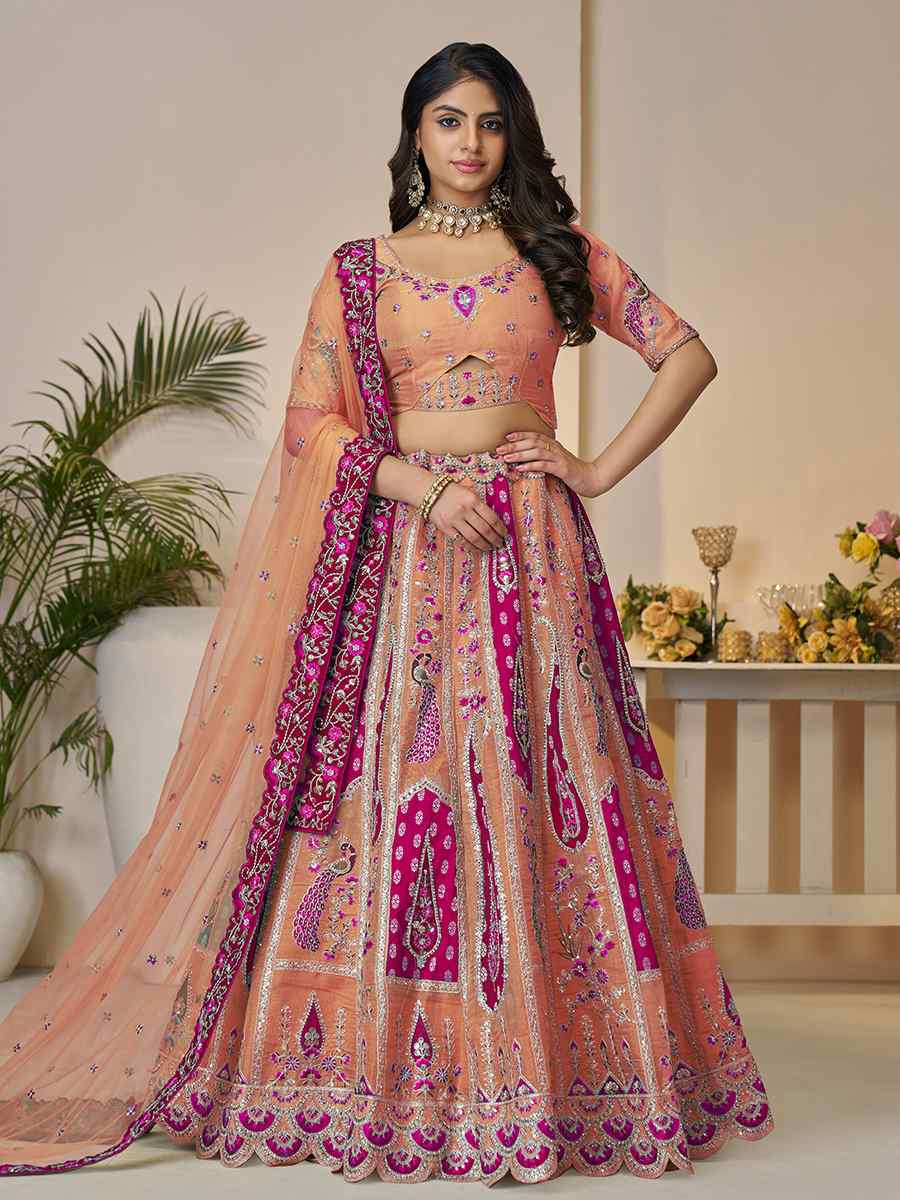 Orange Banarasi silk Embroidered Wedding Bridesmaid Heavy Border Lehenga Choli