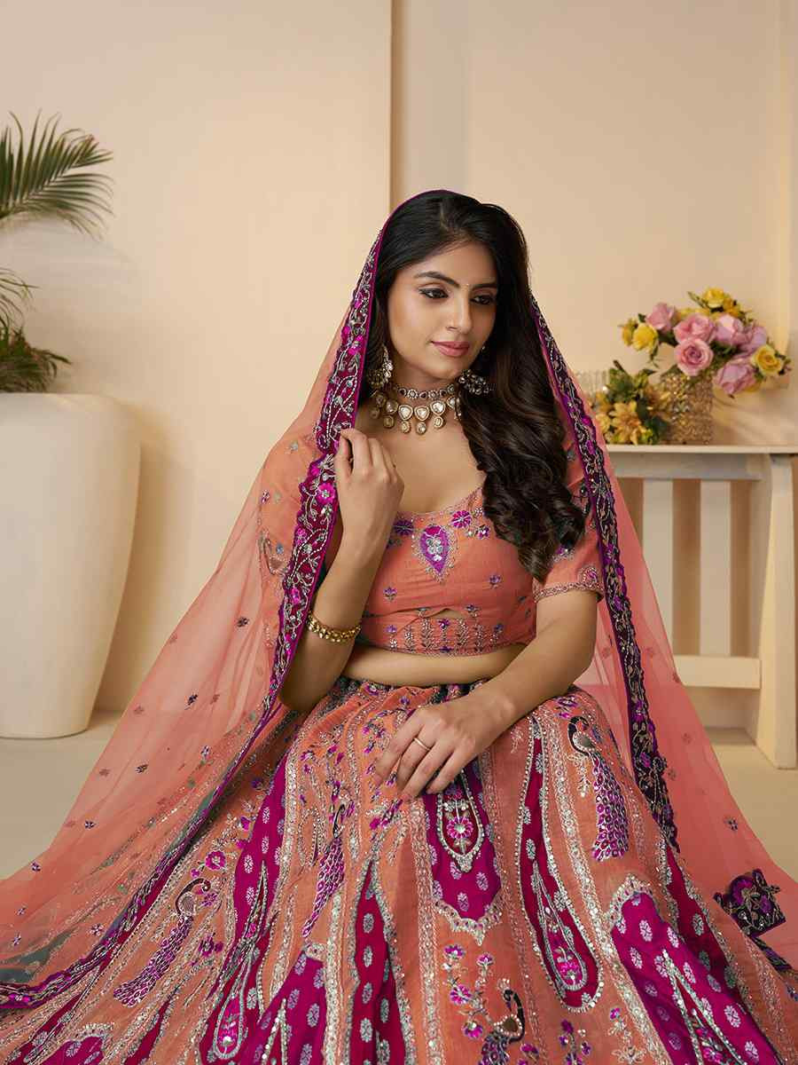 Orange Banarasi silk Embroidered Wedding Bridesmaid Heavy Border Lehenga Choli