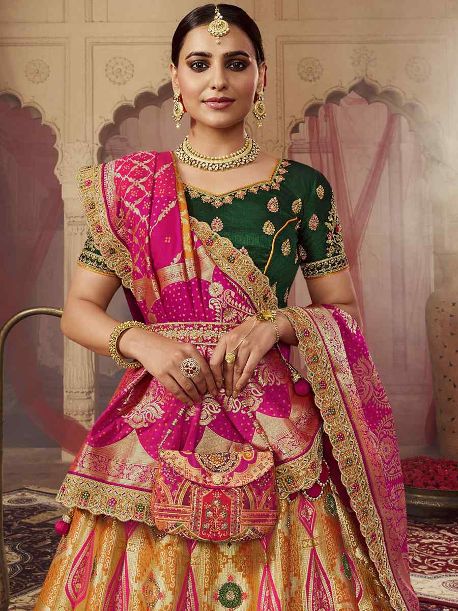 Orange Banarasi Silk Embroidered Bridal Wedding Heavy Border Lehenga Choli