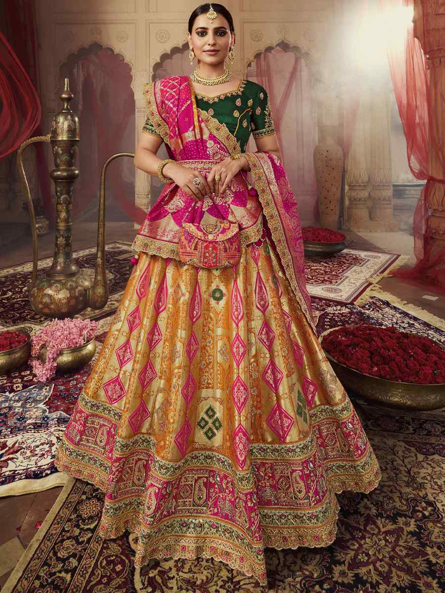 Orange Banarasi Silk Embroidered Bridal Wedding Heavy Border Lehenga Choli