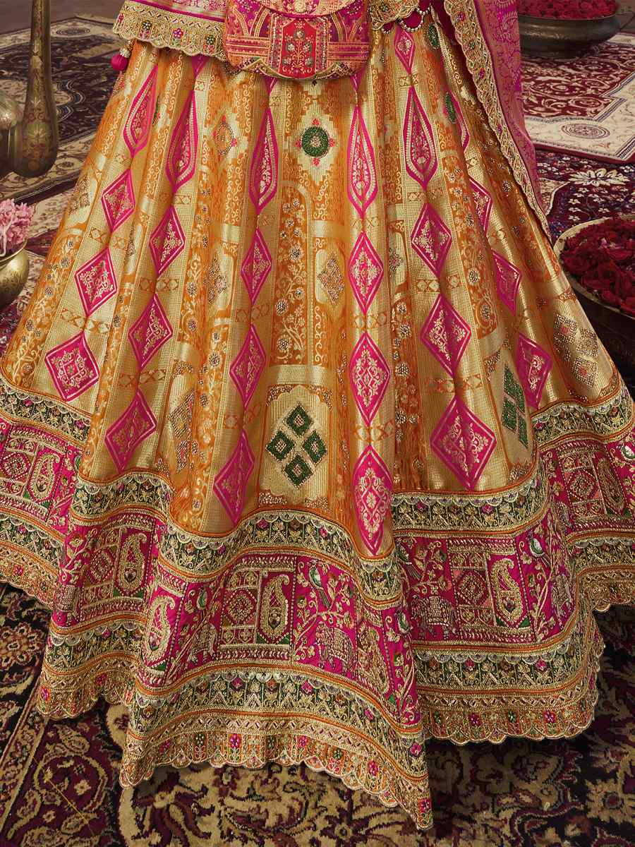 Orange Banarasi Silk Embroidered Bridal Wedding Heavy Border Lehenga Choli