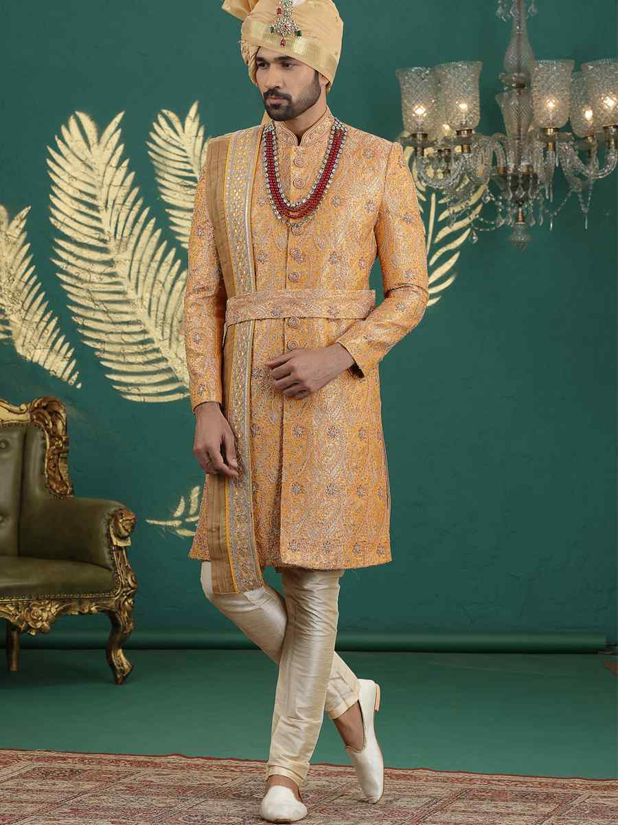 Orange Banarasi Silk Embroidered Festival Wedding Mens Sherwani
