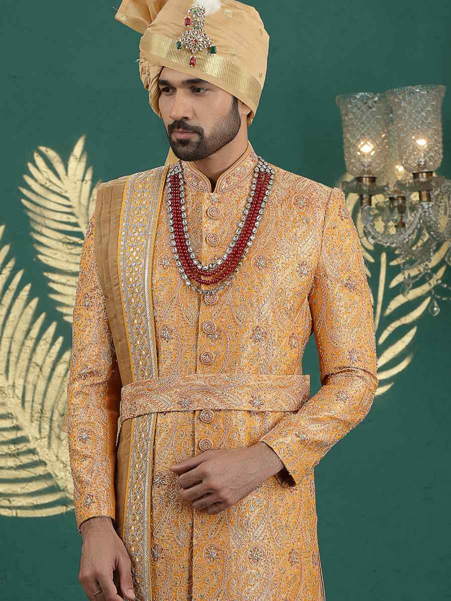 Orange Banarasi Silk Embroidered Festival Wedding Mens Sherwani