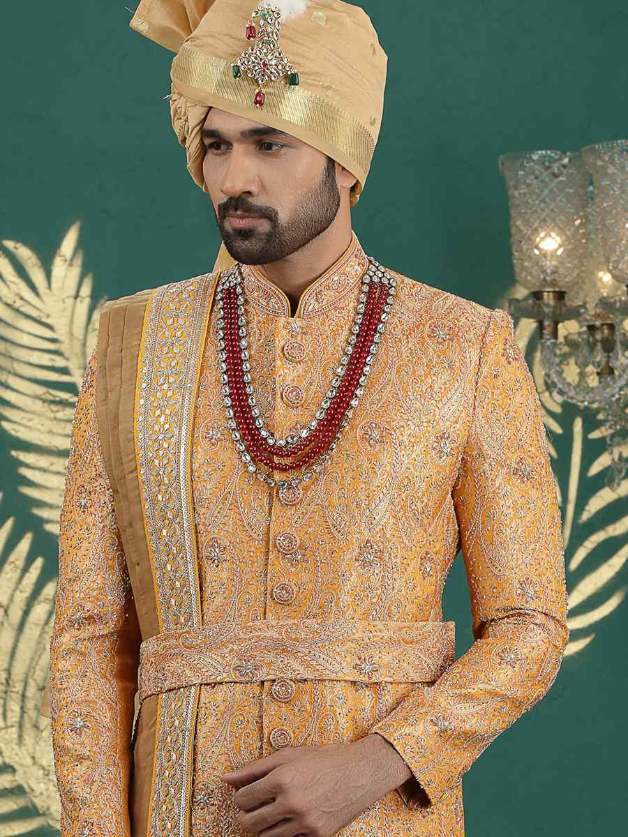 Orange Banarasi Silk Embroidered Festival Wedding Mens Sherwani