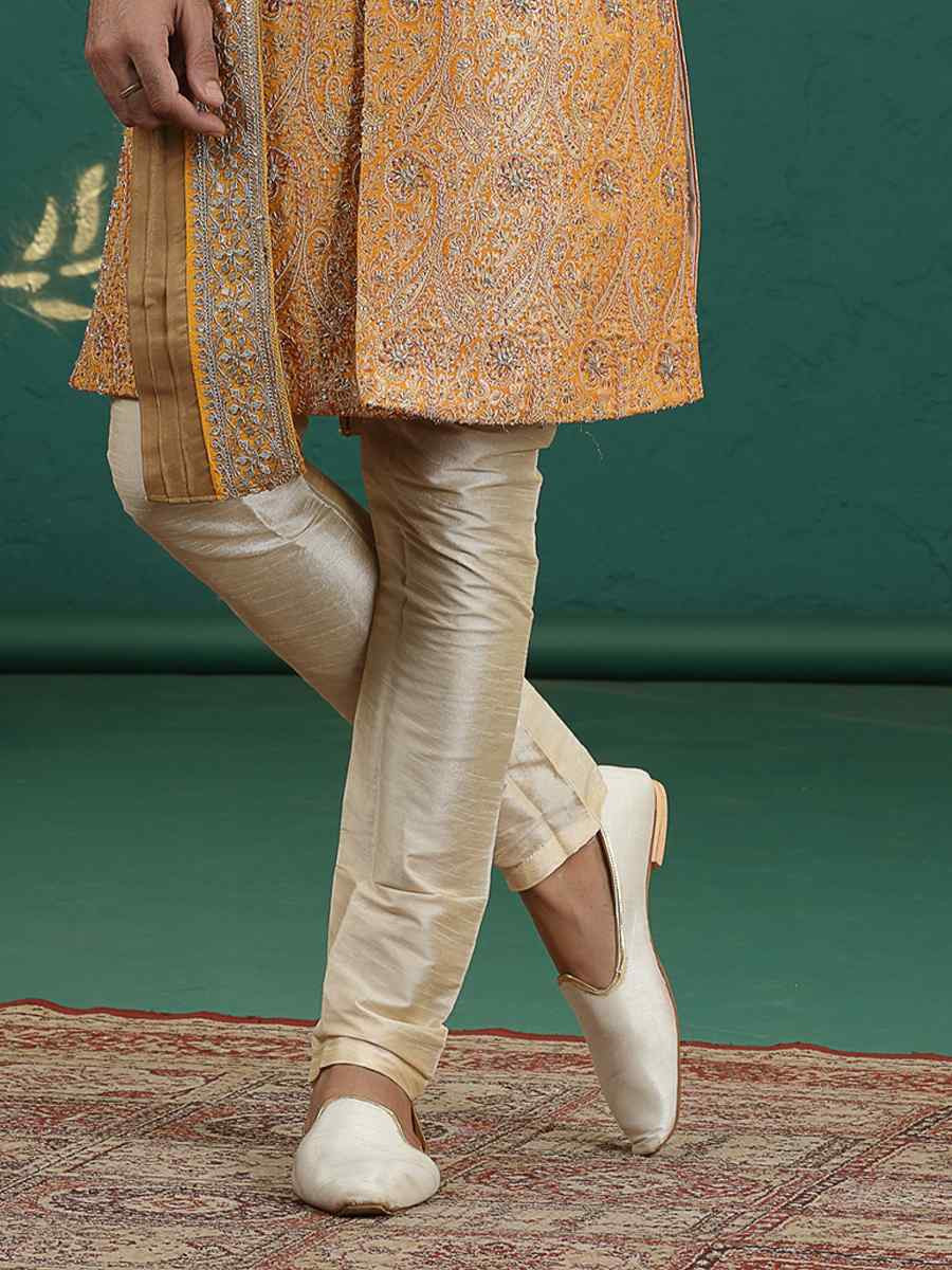 Orange Banarasi Silk Embroidered Festival Wedding Mens Sherwani