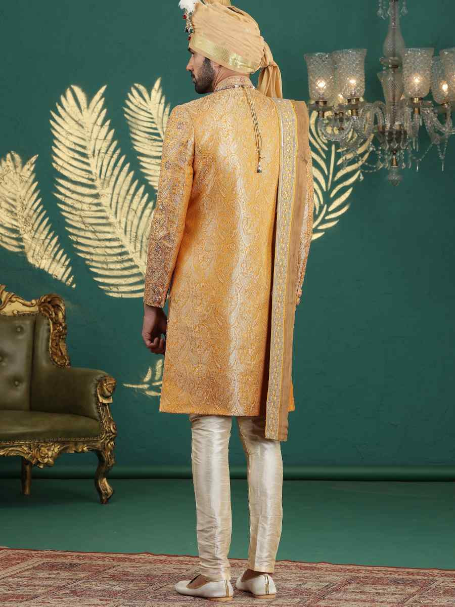 Orange Banarasi Silk Embroidered Festival Wedding Mens Sherwani