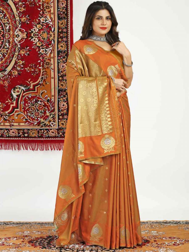 Orange Banarasi Silk Handwoven Festival Casual Classic Style Saree