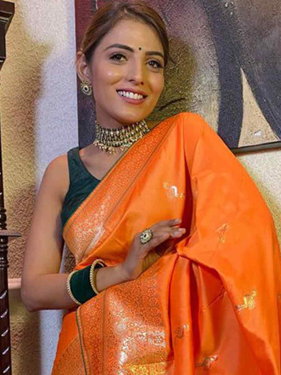 Orange Banarasi Silk Handwoven Festival Wedding Fancy Heavy Border Saree