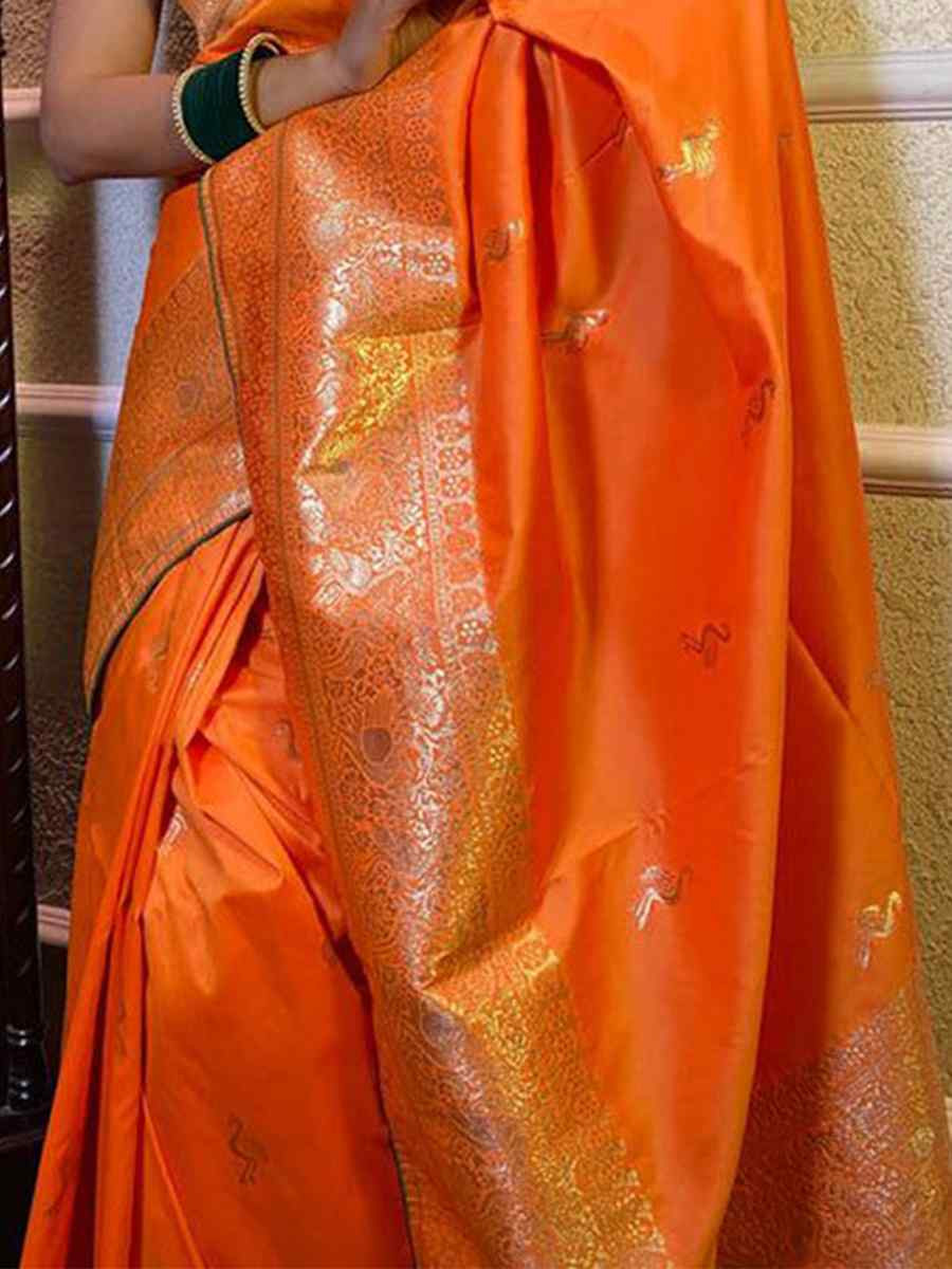 Orange Banarasi Silk Handwoven Festival Wedding Fancy Heavy Border Saree