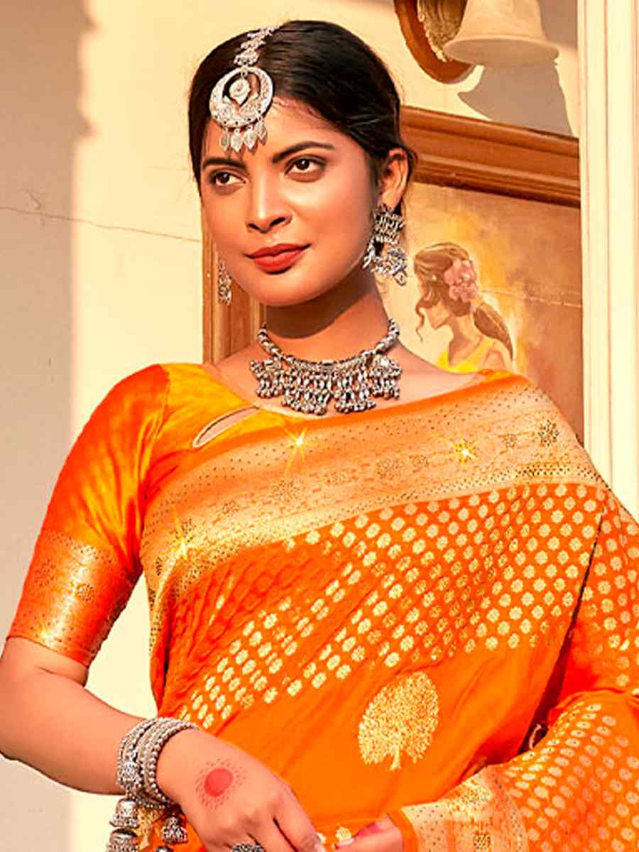 Orange Banarasi Silk Handwoven Festival Wedding Heavy Border Saree