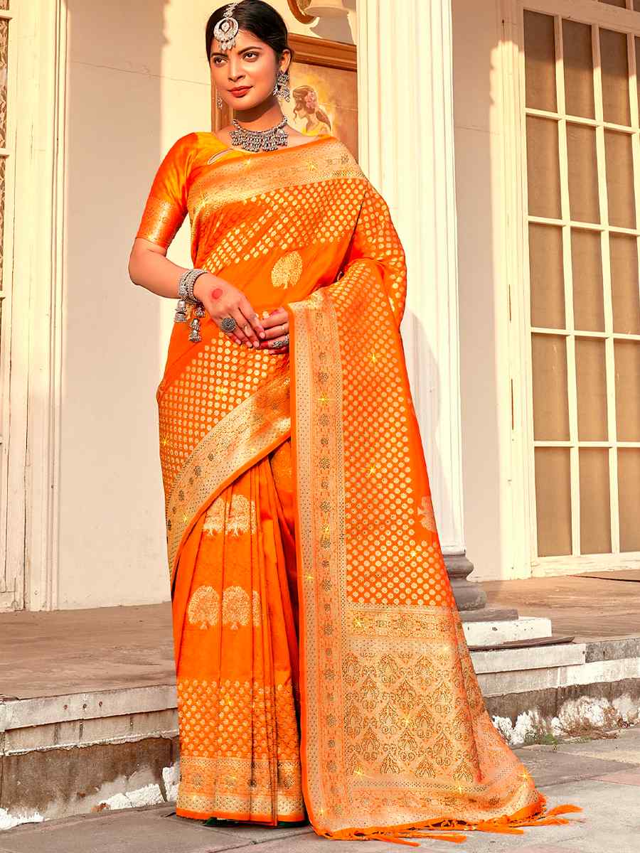 Orange Banarasi Silk Handwoven Festival Wedding Heavy Border Saree