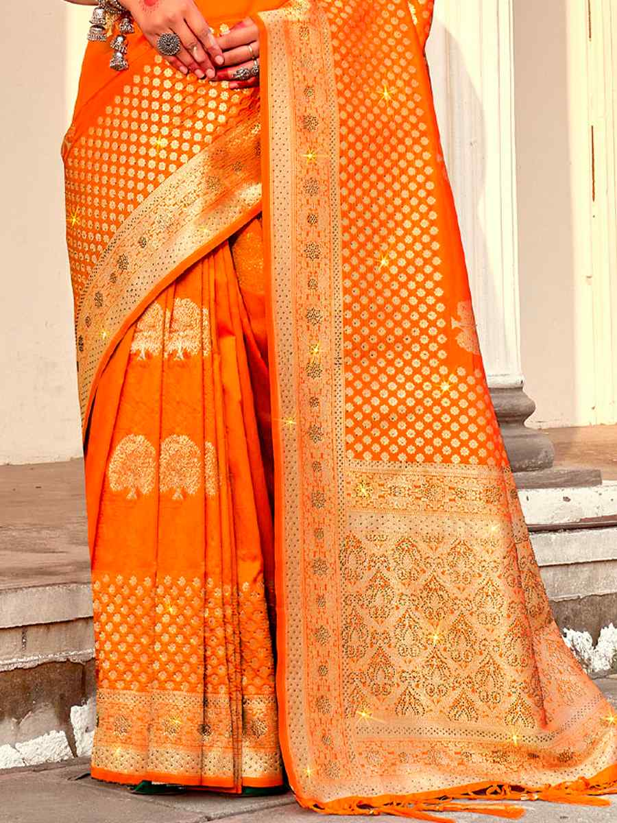 Orange Banarasi Silk Handwoven Festival Wedding Heavy Border Saree