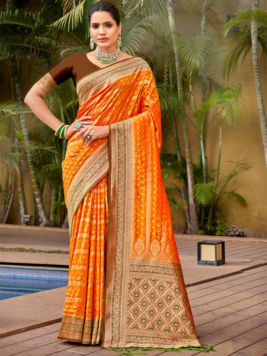 Orange Banarasi Silk Handwoven Wedding Festival Heavy Border Saree