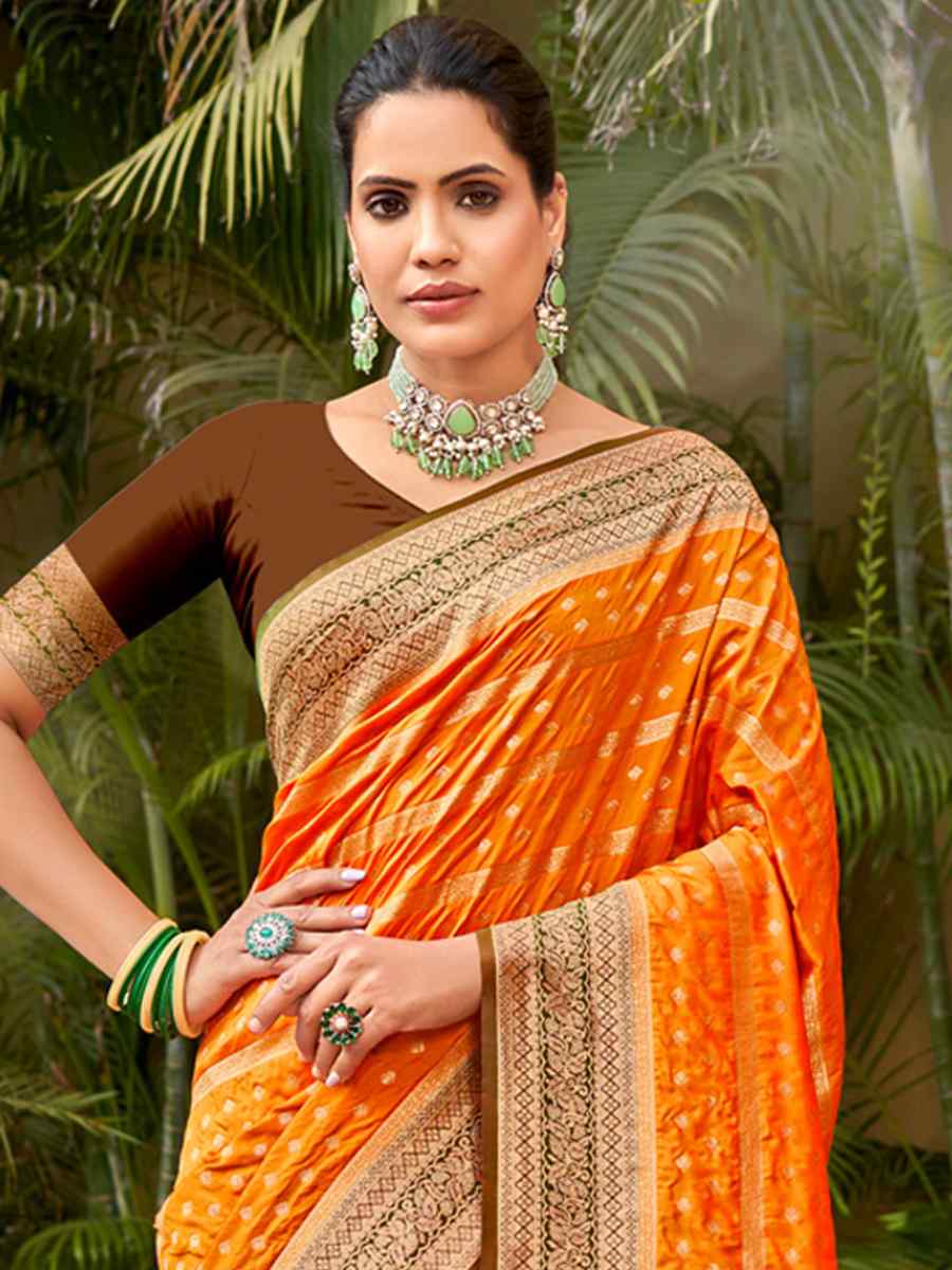 Orange Banarasi Silk Handwoven Wedding Festival Heavy Border Saree