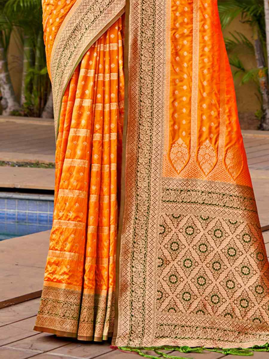 Orange Banarasi Silk Handwoven Wedding Festival Heavy Border Saree