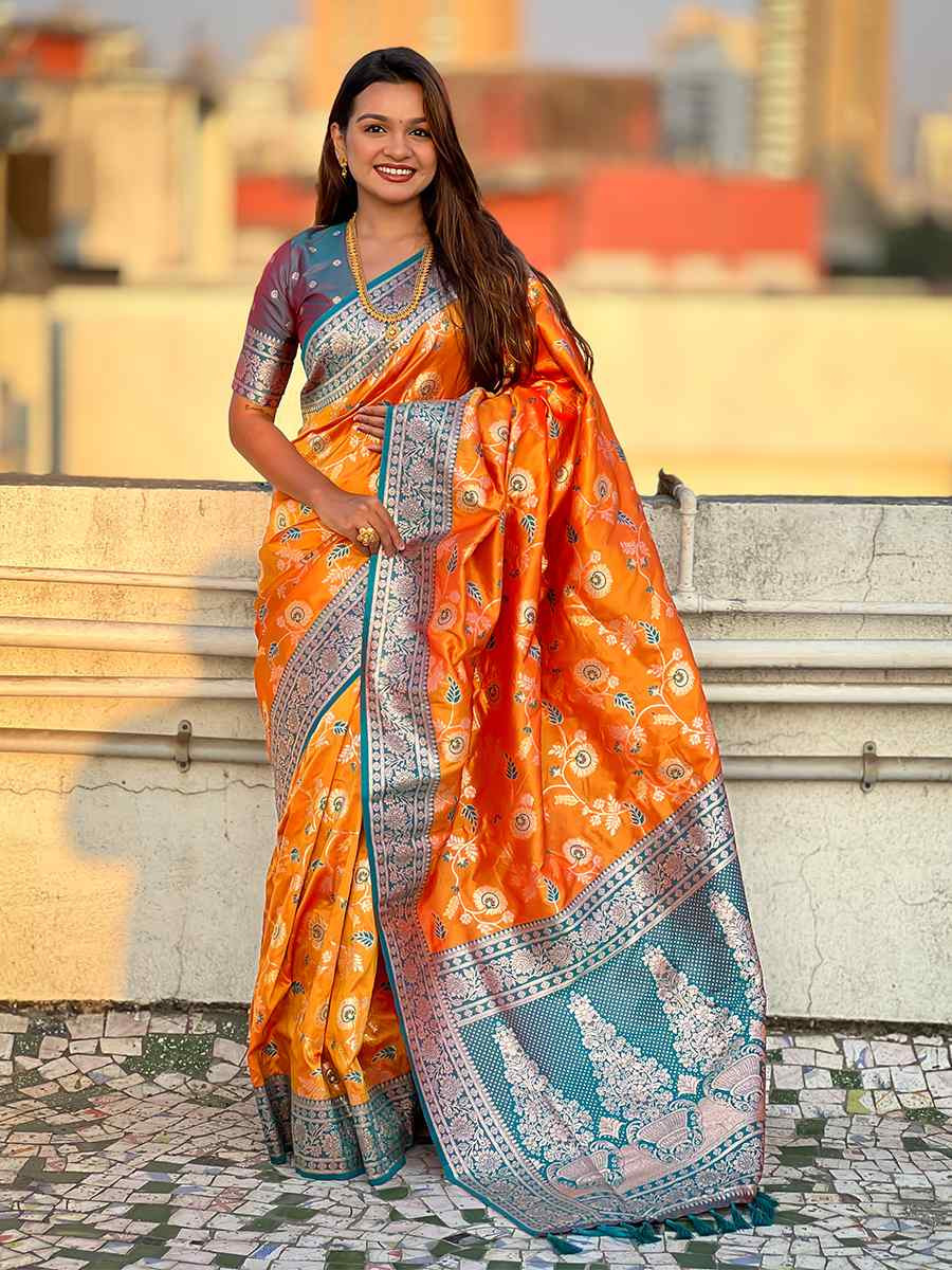 Orange Banarasi Silk Handwoven Wedding Festival Heavy Border Saree