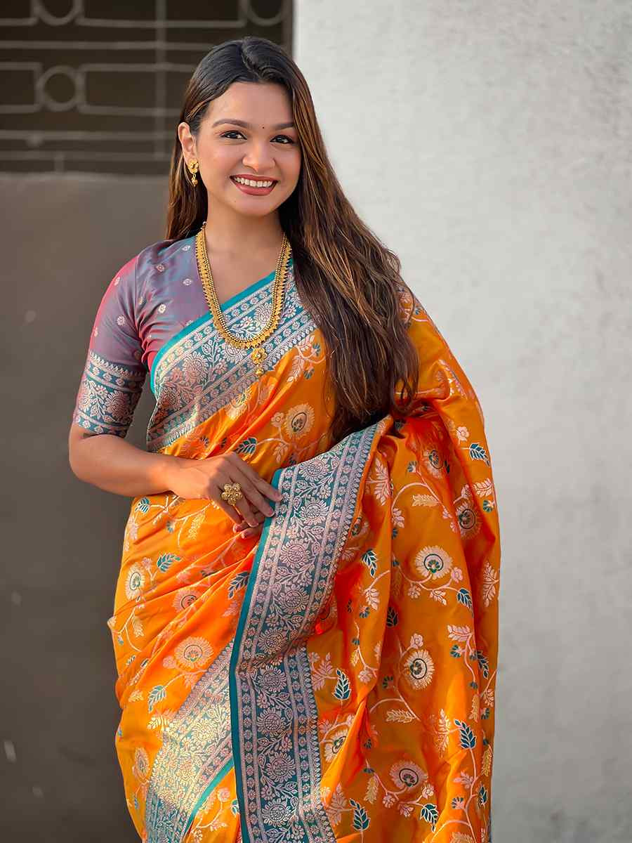 Orange Banarasi Silk Handwoven Wedding Festival Heavy Border Saree