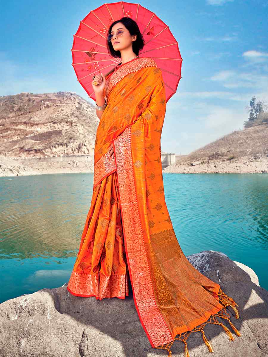 Orange Banarasi Silk Traditional Party Festival Heavy Border Saree