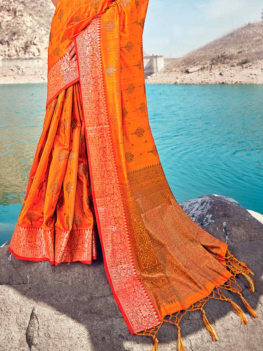 Orange Banarasi Silk Traditional Party Festival Heavy Border Saree
