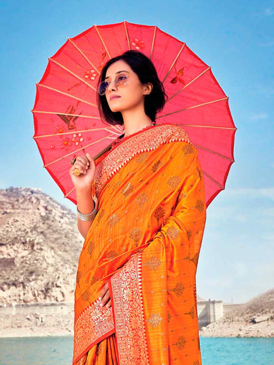 Orange Banarasi Silk Traditional Party Festival Heavy Border Saree