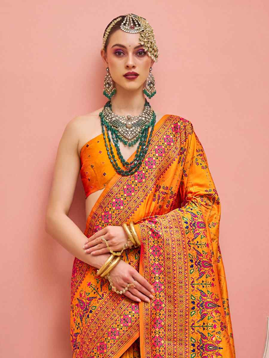 Orange Banarasi Silk Zari Handwoven Casual Reception Festival Wedding Fancy Classic Style Sarees
