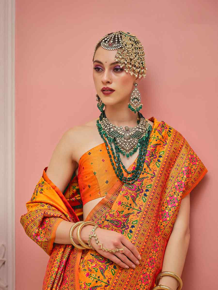 Orange Banarasi Silk Zari Handwoven Casual Reception Festival Wedding Fancy Classic Style Sarees