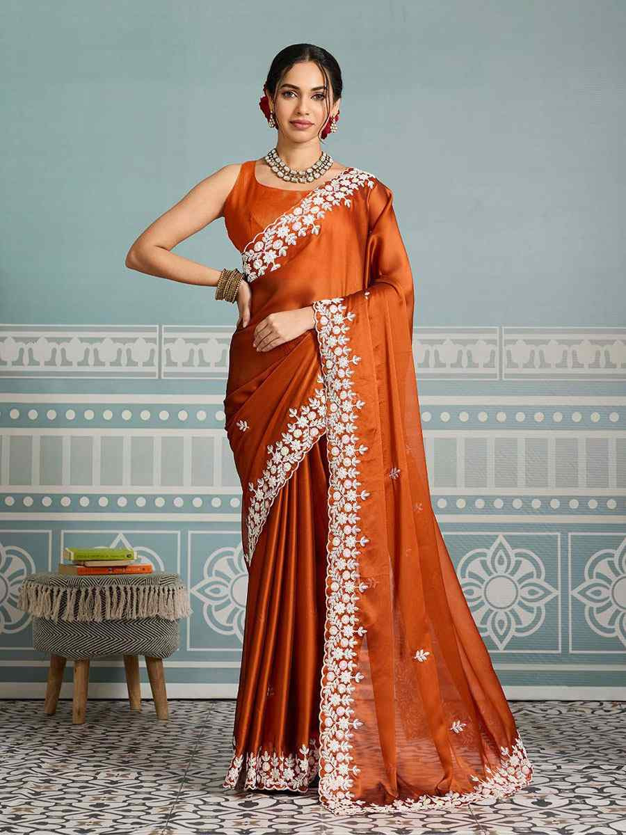 Orange Black Rangoli Silk Embroidery Bridal Reception Festival Wedding Fancy Heavy Border Saree