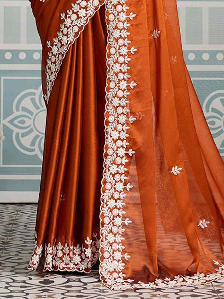 Orange Black Rangoli Silk Embroidery Bridal Reception Festival Wedding Fancy Heavy Border Saree