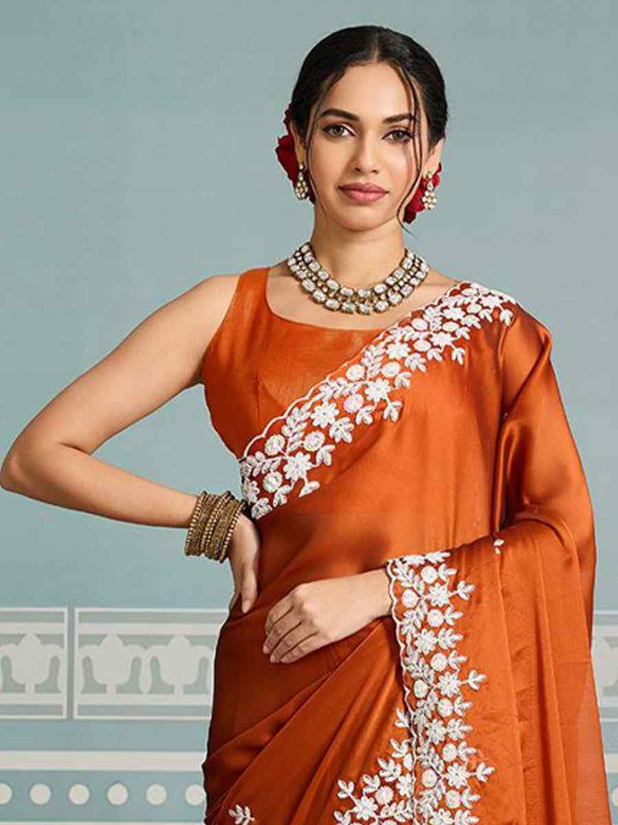 Orange Black Rangoli Silk Embroidery Bridal Reception Festival Wedding Fancy Heavy Border Saree