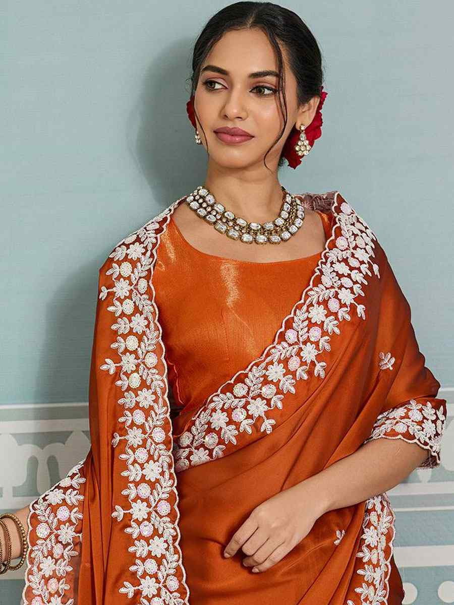 Orange Black Rangoli Silk Embroidery Bridal Reception Festival Wedding Fancy Heavy Border Saree