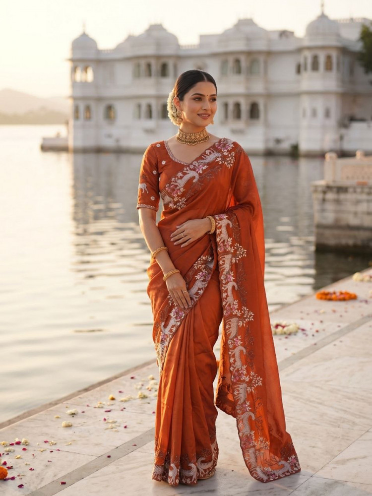 Image of Orange Black Rangoli Silk Embroidery Wedding Reception Party Festival Casual Heavy Border Sarees