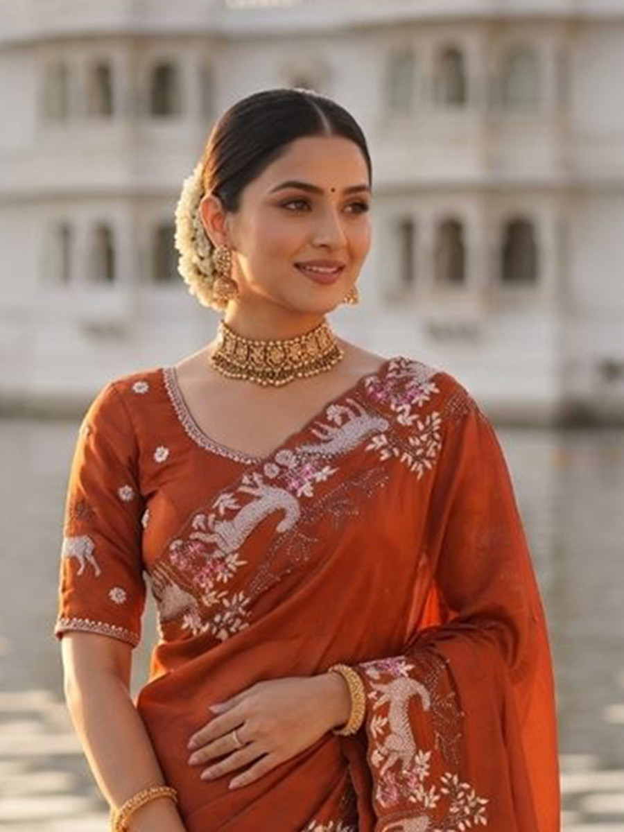Orange Black Rangoli Silk Embroidery Wedding Reception Party Festival Casual Heavy Border Sarees