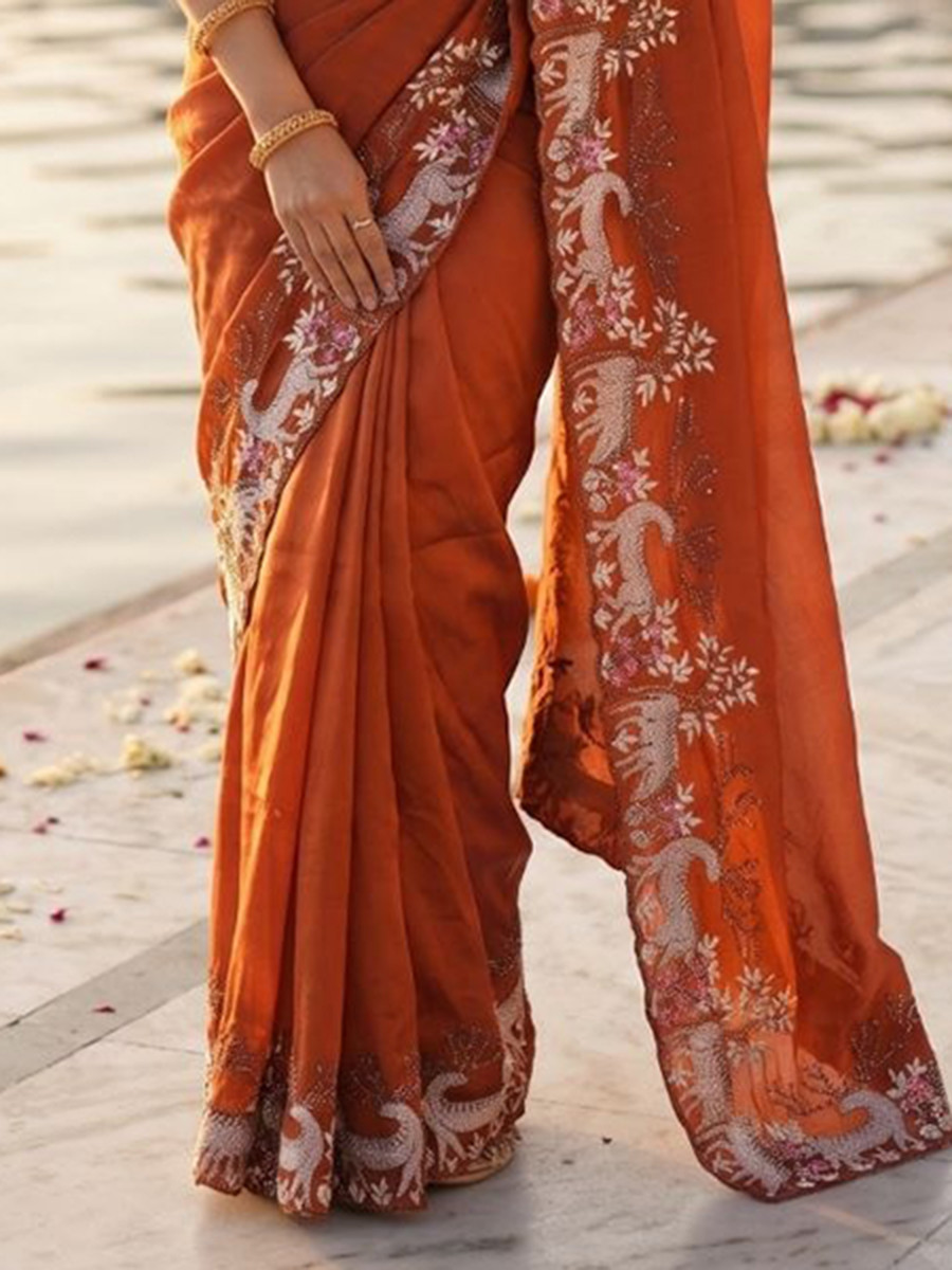 Orange Black Rangoli Silk Embroidery Wedding Reception Party Festival Casual Heavy Border Sarees