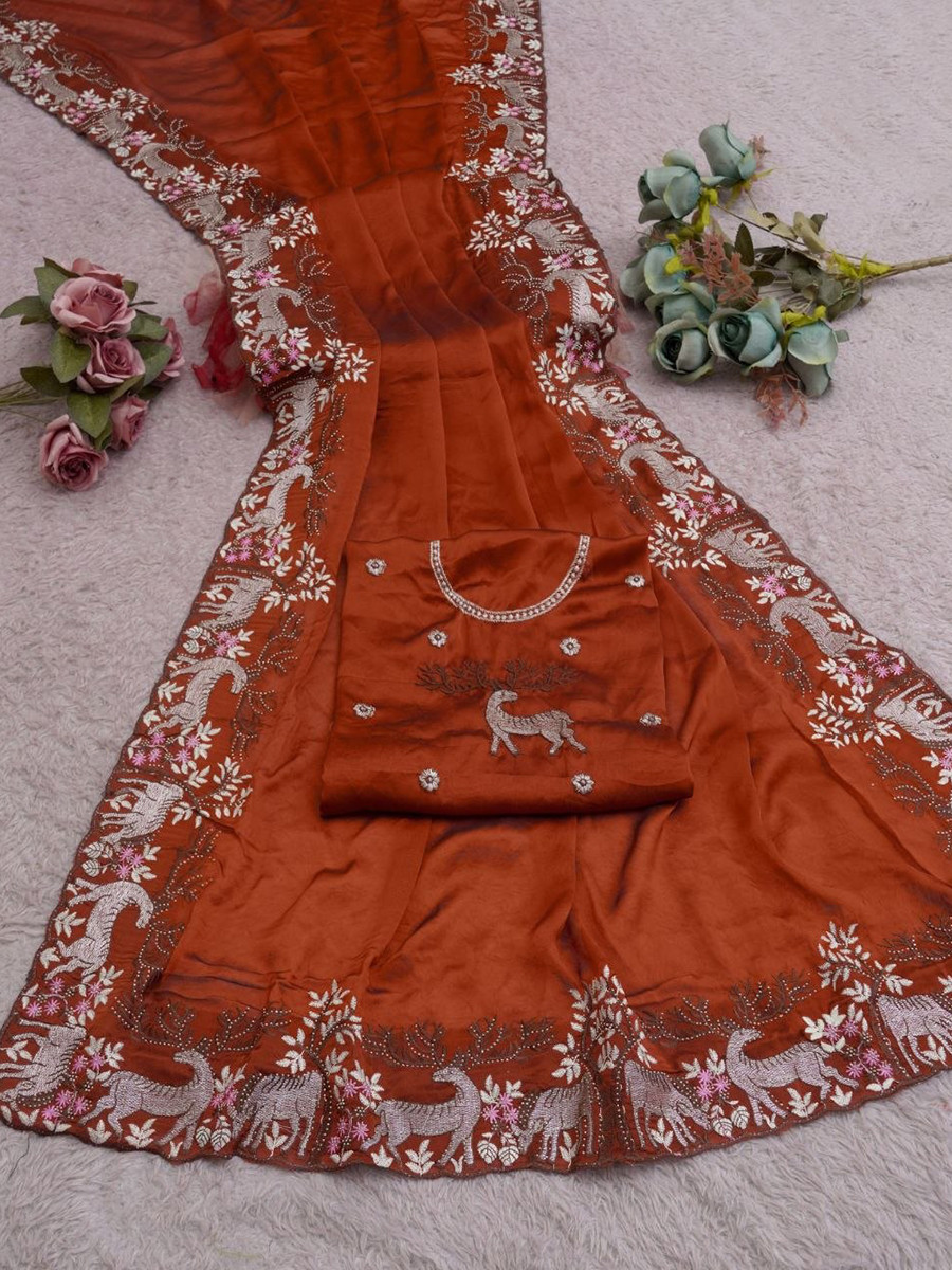 Orange Black Rangoli Silk Embroidery Wedding Reception Party Festival Casual Heavy Border Sarees