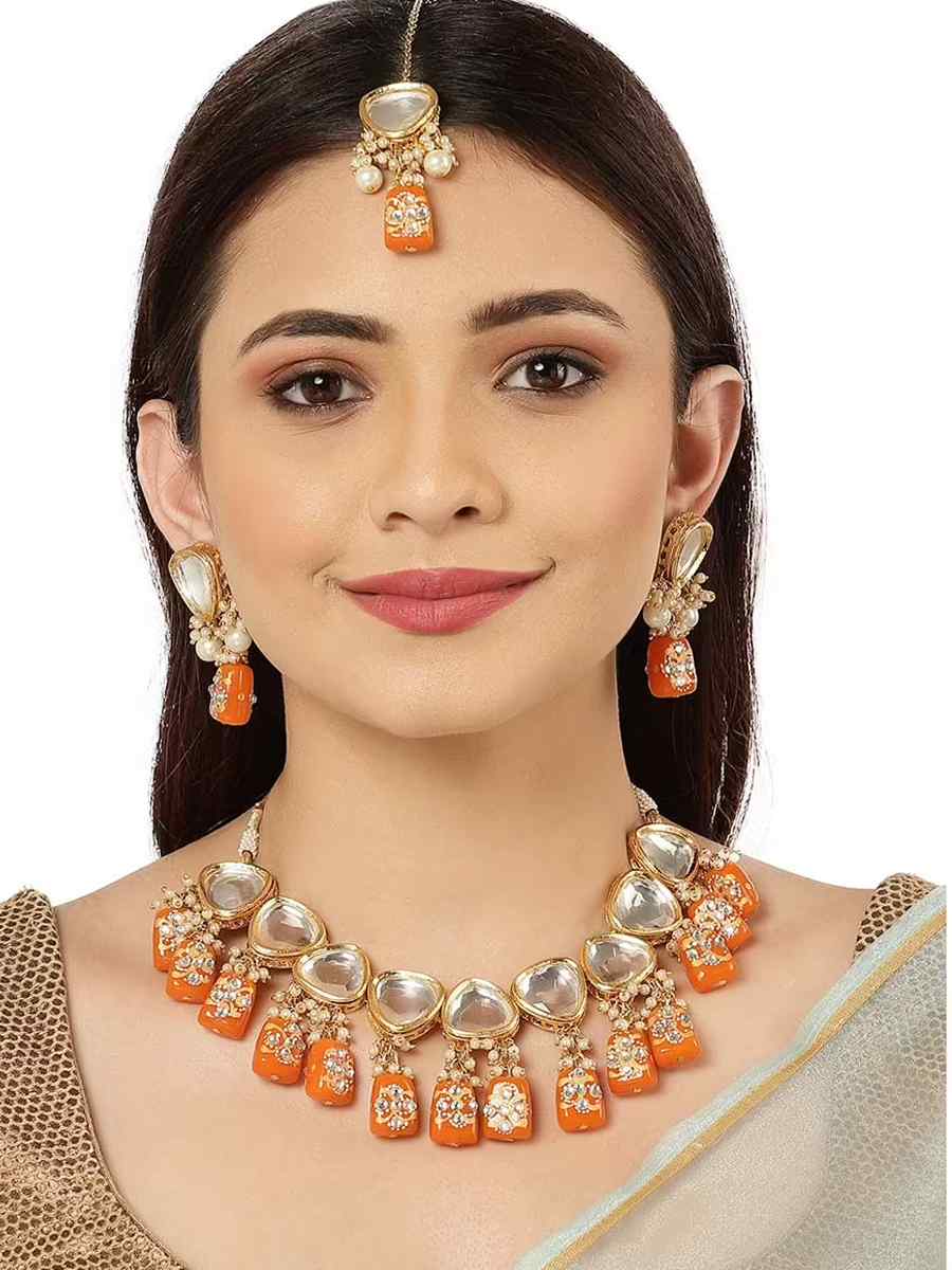 Orange Brass Festival Wear Kundan Necklace