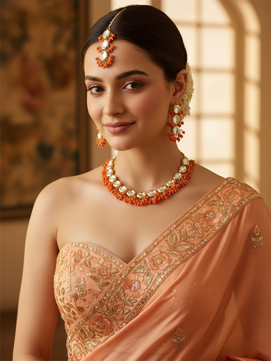 Orange Brass Wedding Party Festival Wear Kundan Necklace