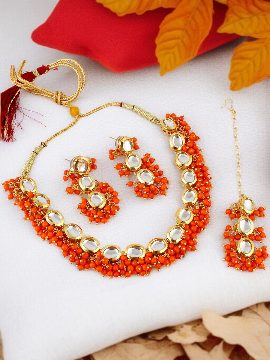 Orange Brass Wedding Party Festival Wear Kundan Necklace