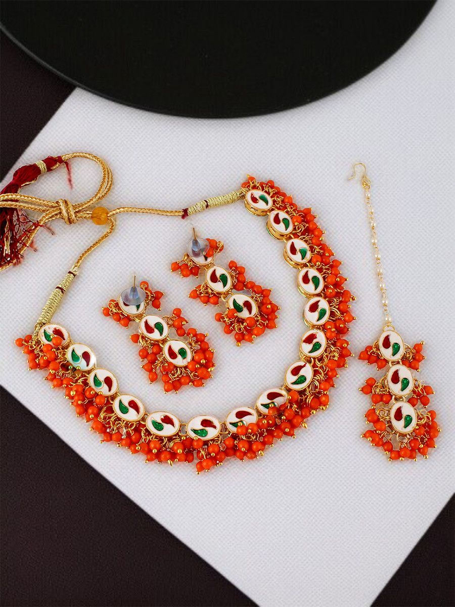 Orange Brass Wedding Party Festival Wear Kundan Necklace