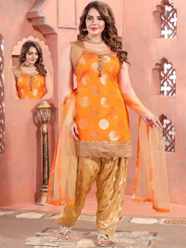Orange Brocade Silk Embroidered Festival Wedding Patiala Salwar Kameez