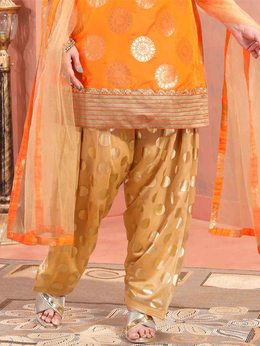 Orange Brocade Silk Embroidered Festival Wedding Patiala Salwar Kameez