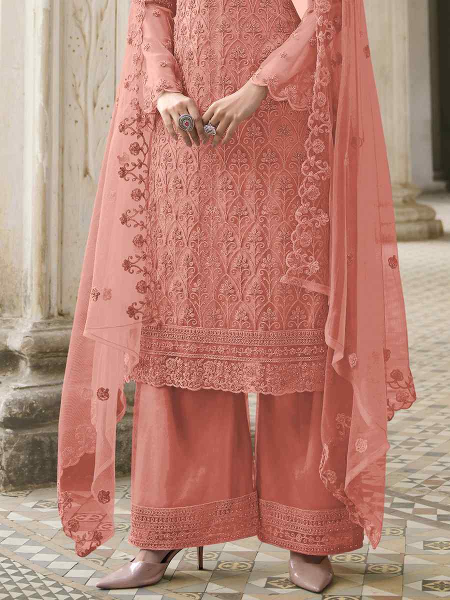 Orange Butterfly Net Embroidered Wedding Party Palazzo Pant Salwar Kameez