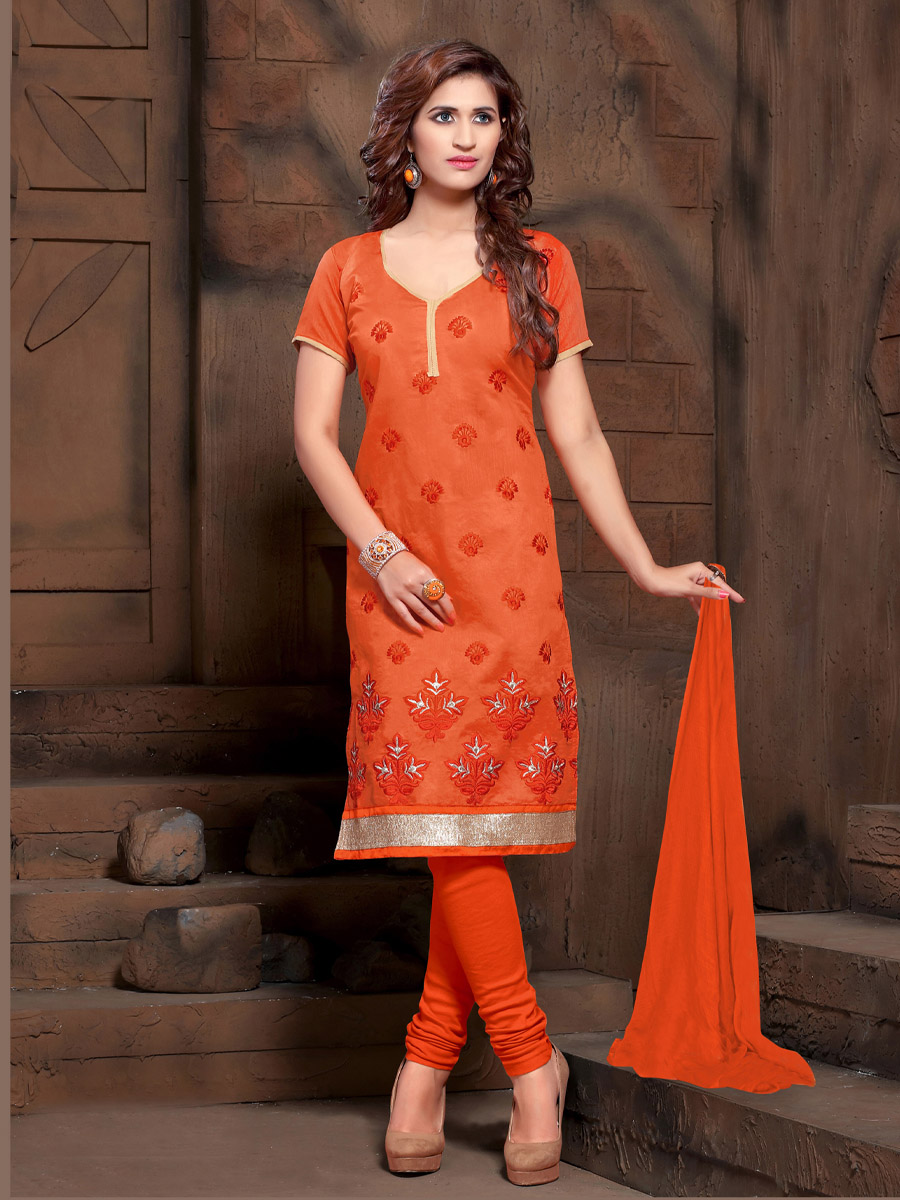 Orange Chanderi Cotton Printed Casual Festival Churidar Salwar Kameez