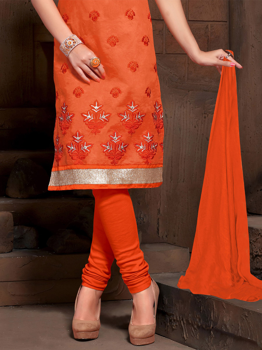 Orange Chanderi Cotton Printed Casual Festival Churidar Salwar Kameez