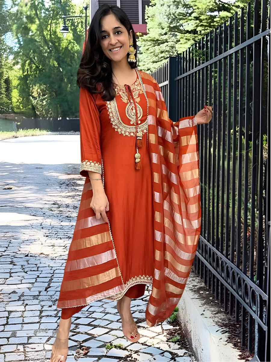 Orange Chanderi Embroidered Party Wedding Ready Anarkali Salwar Kameez