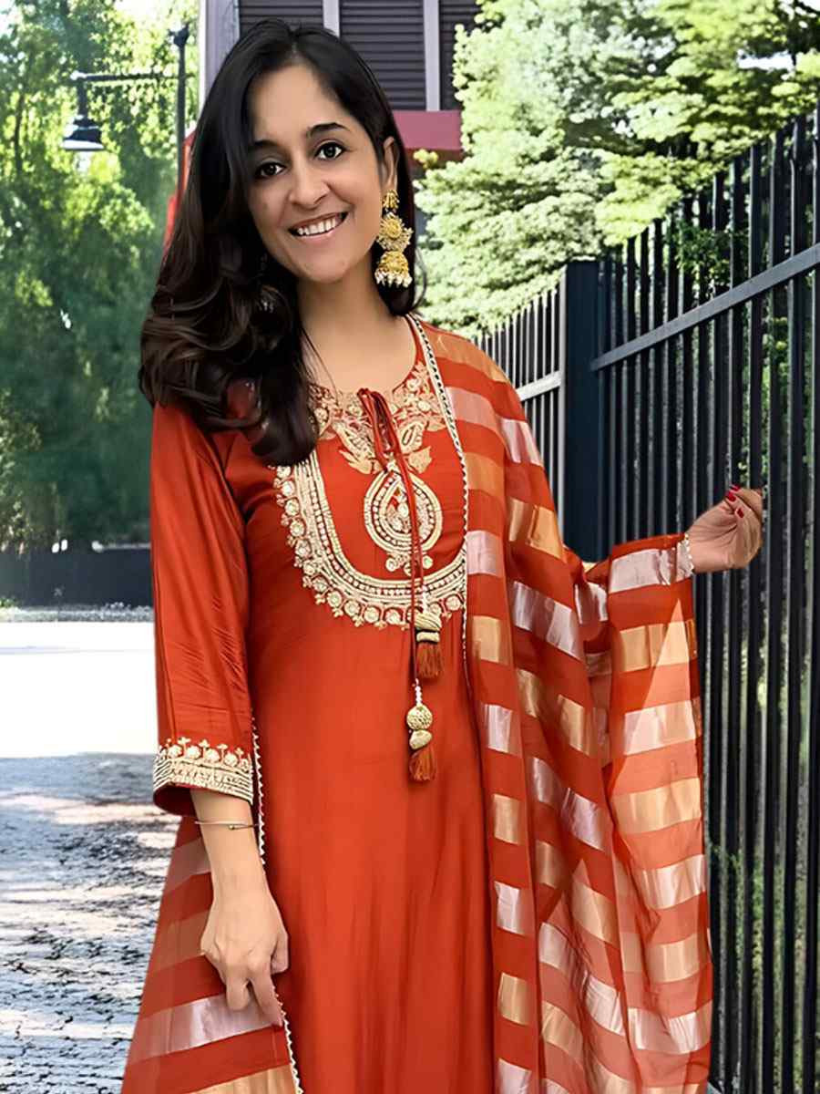 Orange Chanderi Embroidered Party Wedding Ready Anarkali Salwar Kameez